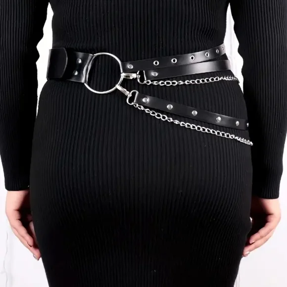 Plus Size☆ Edgy Punk Goth Black Multi-layer Chain And Stud Vegan Leather Belt - Picture 3 of 16